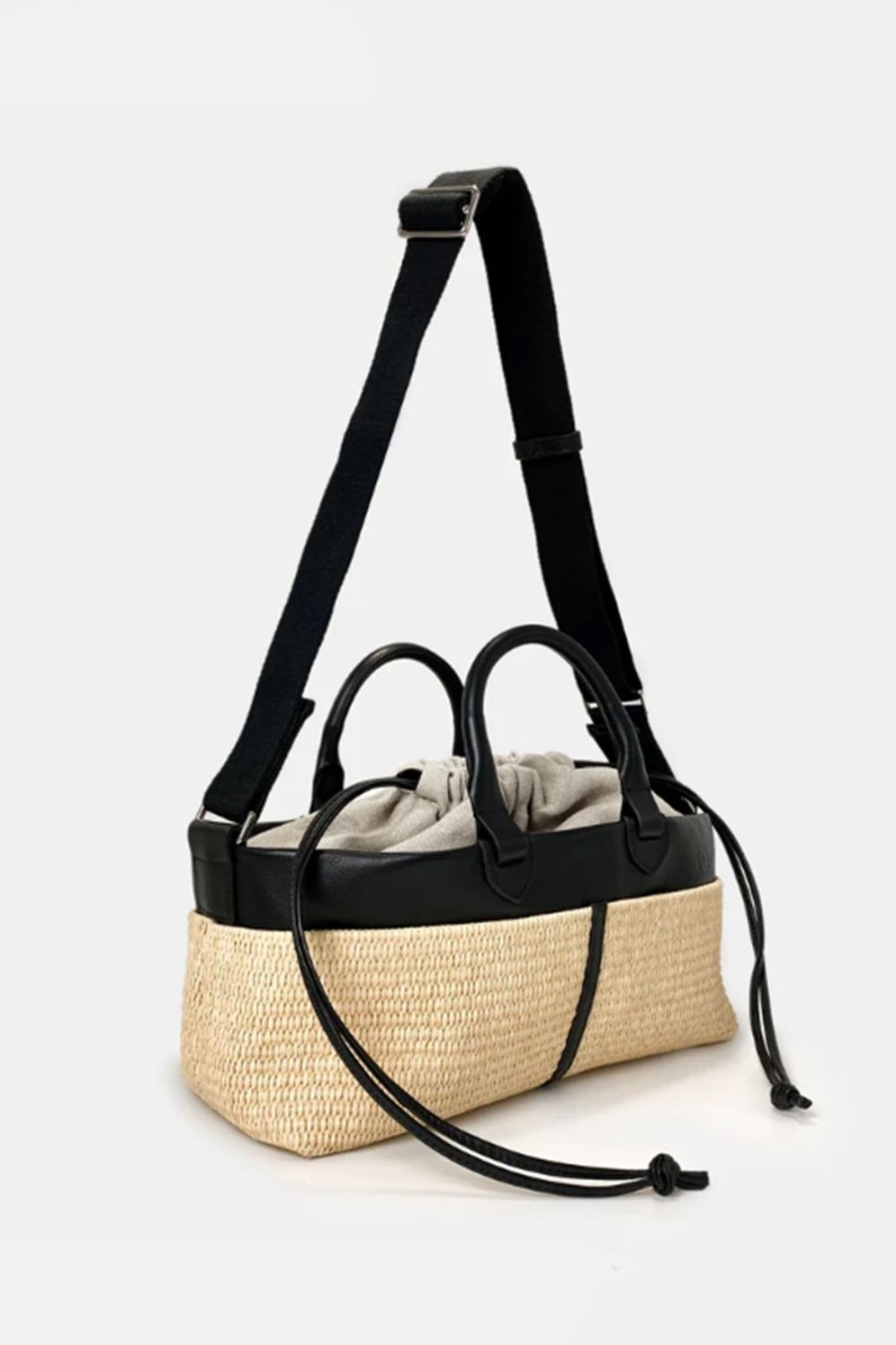 Borse 10.03.53 | Borsa A Mano 10.03.53 In Pelle E Raffia Nero E Beige Mini Cabas