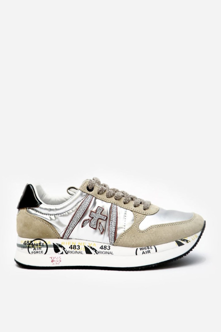 Scarpe PREMIATA | Sneakers Premiata Da Donna In Vitello E Camoscio Argento E Beige Tris 6049