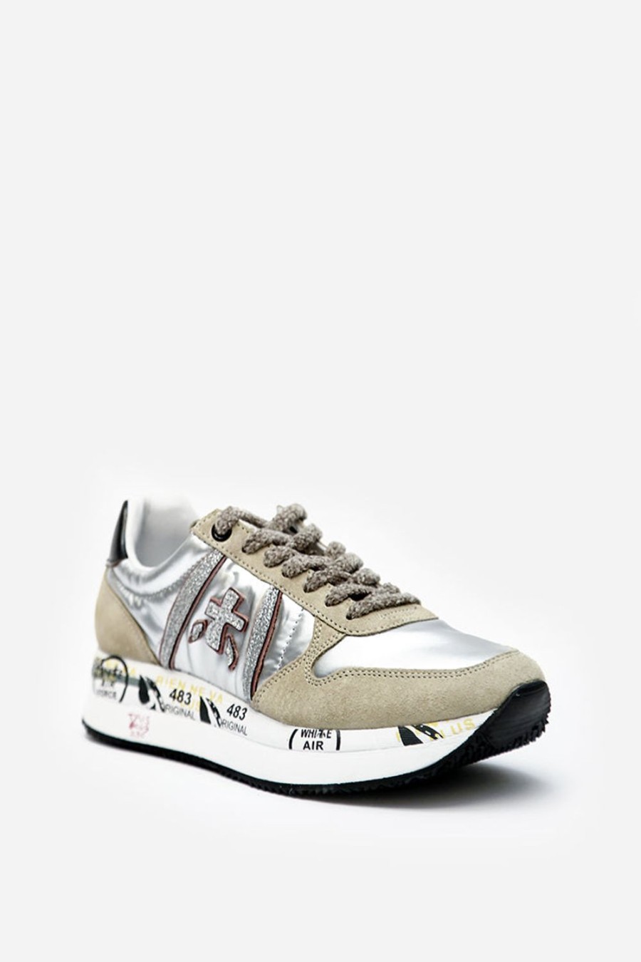 Scarpe PREMIATA | Sneakers Premiata Da Donna In Vitello E Camoscio Argento E Beige Tris 6049