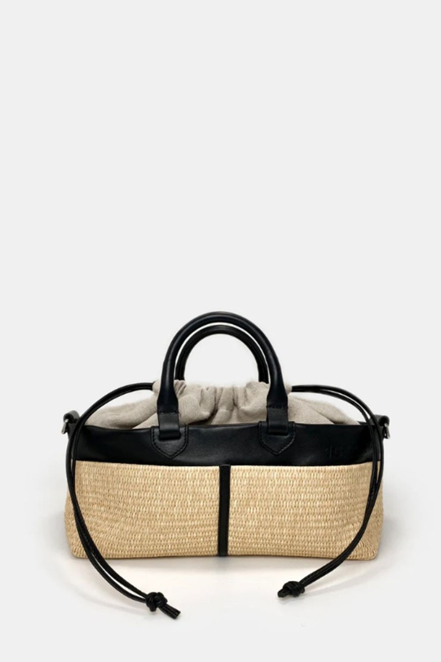 Borse 10.03.53 | Borsa A Mano 10.03.53 In Pelle E Raffia Nero E Beige Mini Cabas