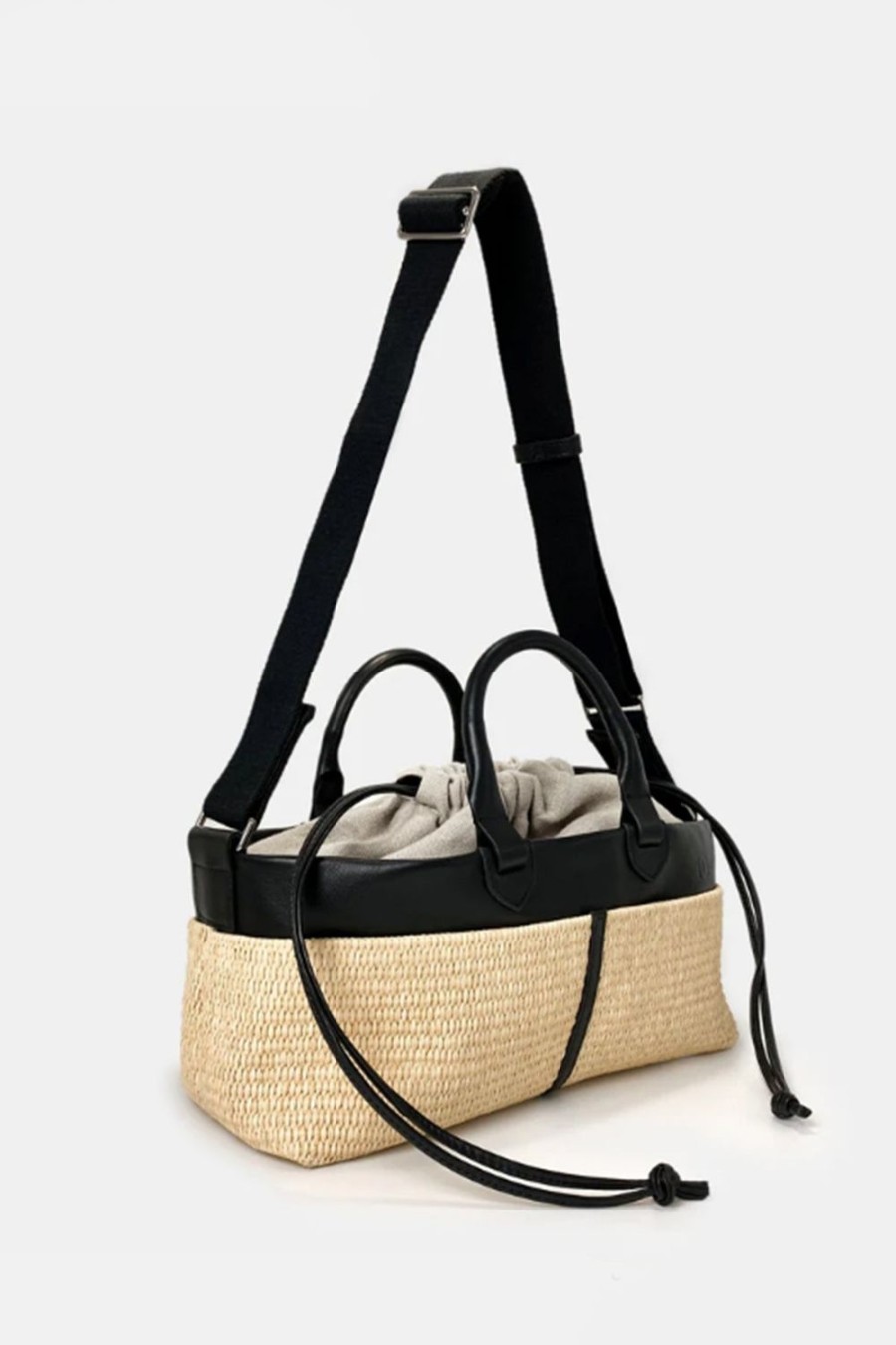 Borse 10.03.53 | Borsa A Mano 10.03.53 In Pelle E Raffia Nero E Beige Mini Cabas